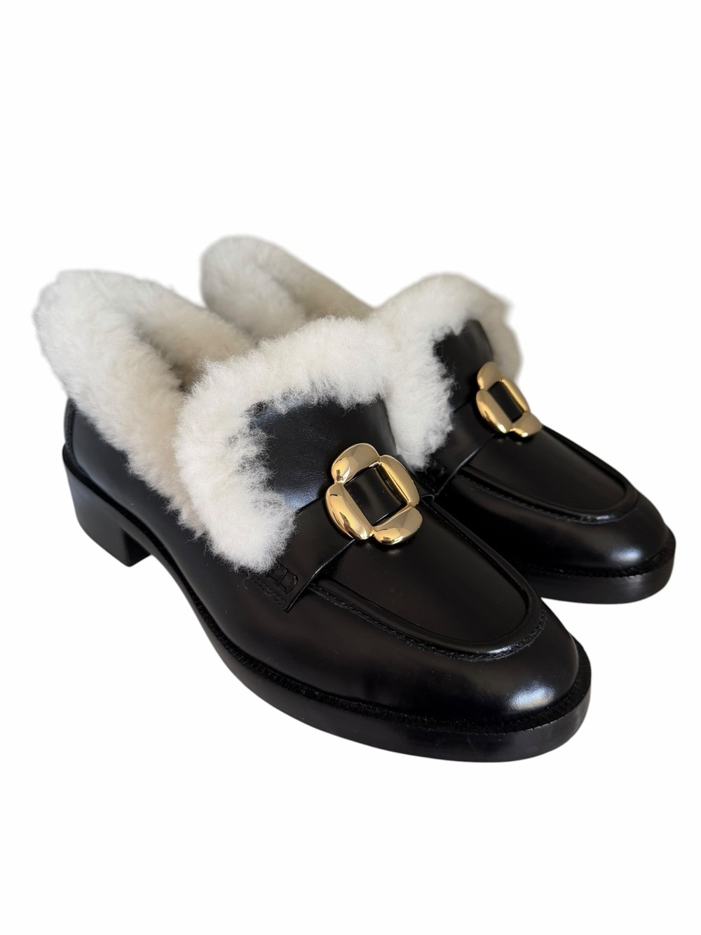 Larroude Bobbie Loafer Black Size 9 Shearling Lining Fur Trim
